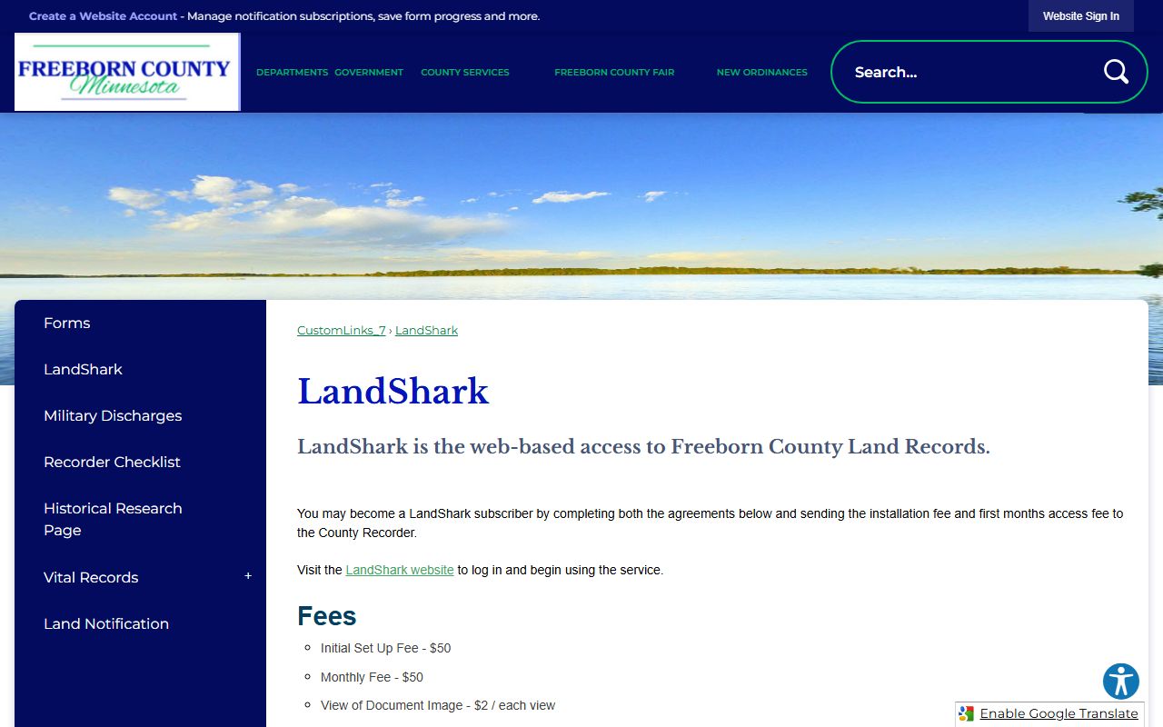 Freeborn County LandShark page for land record access
