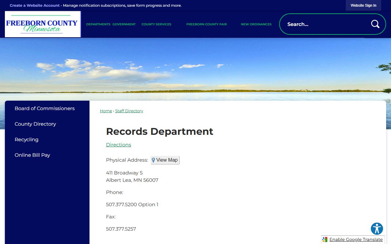 Freeborn County Sheriff's Office Records Department directory