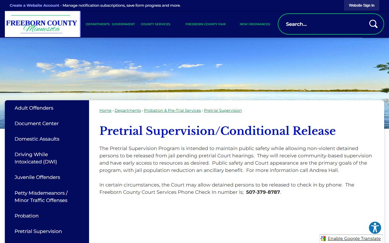 Freeborn County Pretrial Supervision page for court check-in information