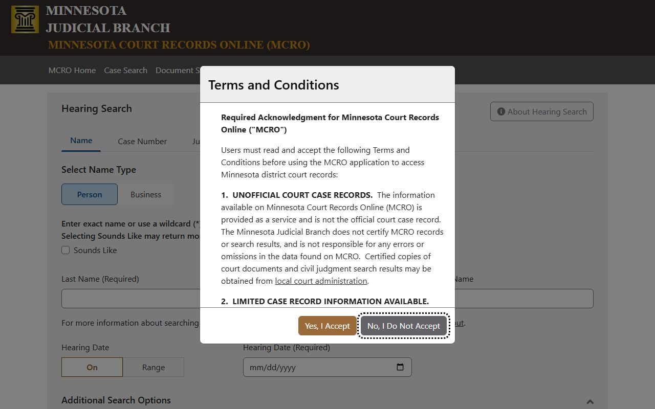MCRO Hearing Search page for Freeborn County court docket lookup