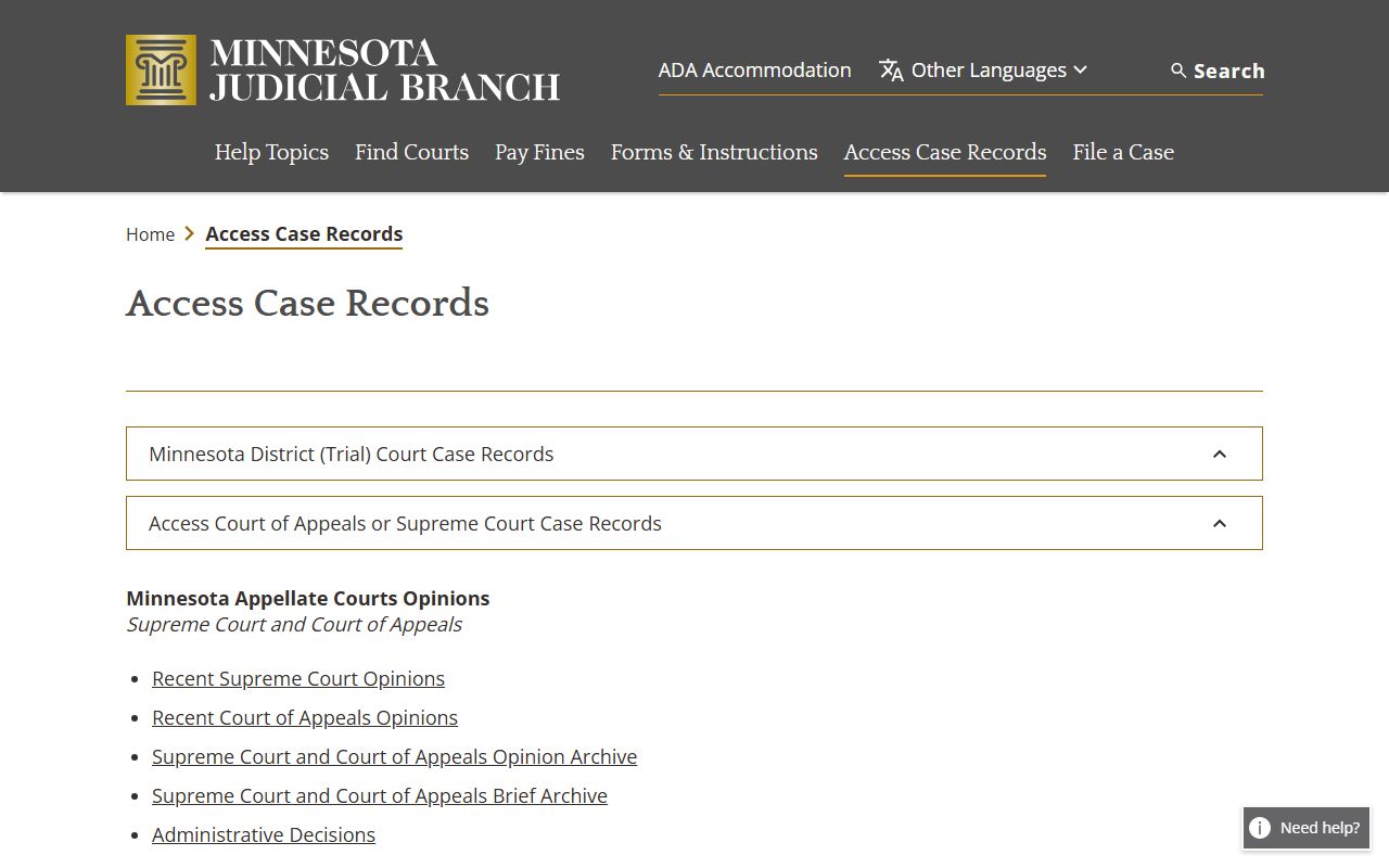 Minnesota Judicial Branch access case records page for Freeborn County court record searches