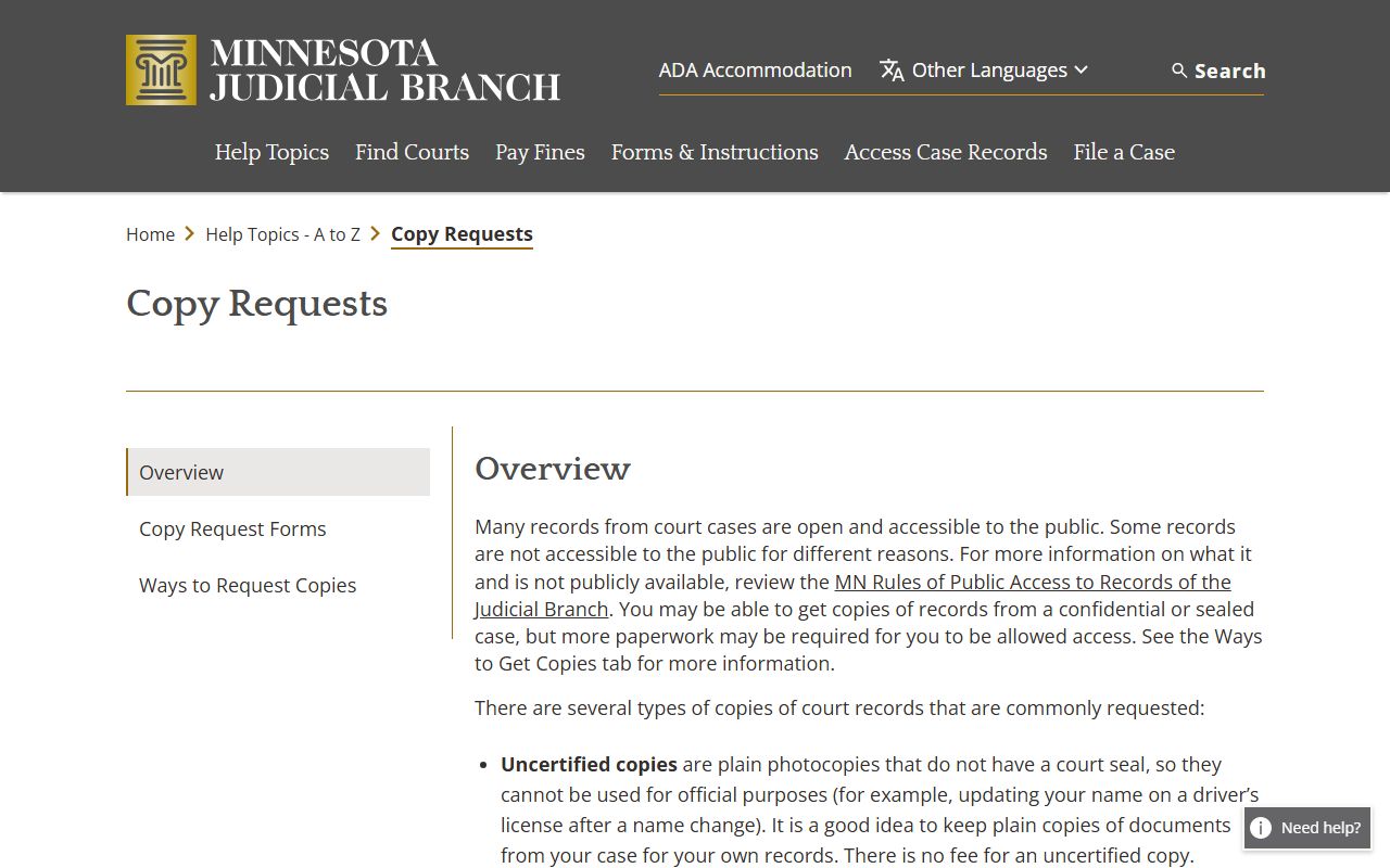 Minnesota Judicial Branch court copy request overview for certified and exemplified copies