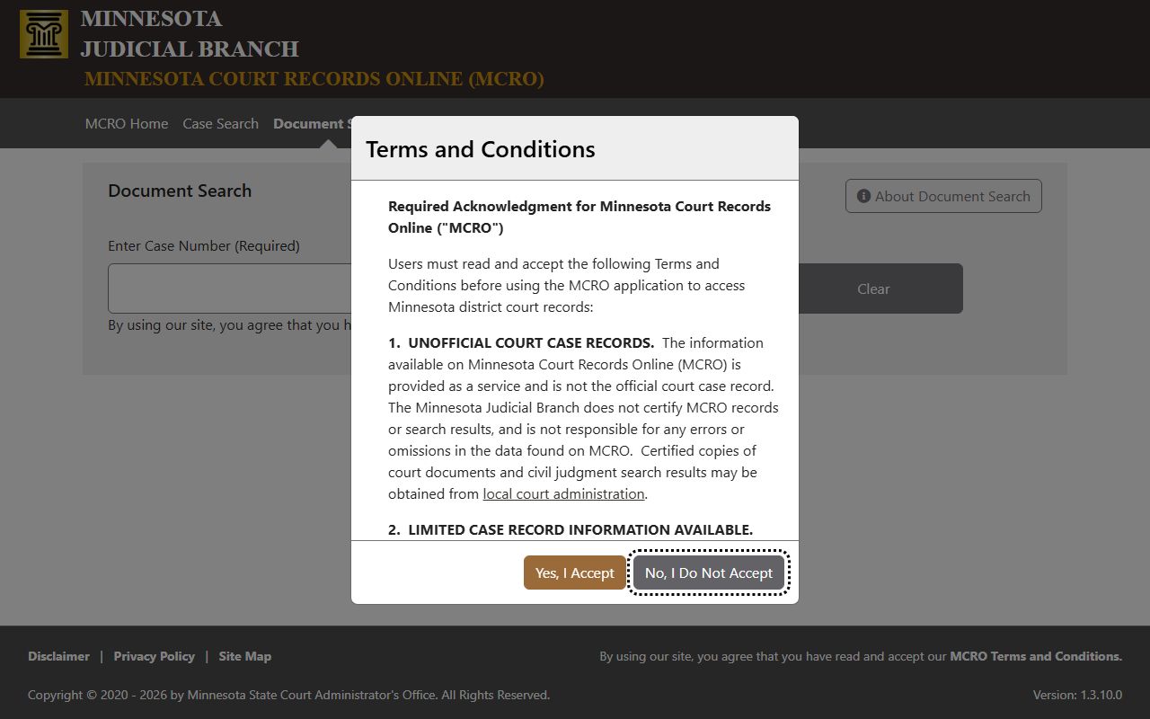 MCRO Document Search case number field for public court documents