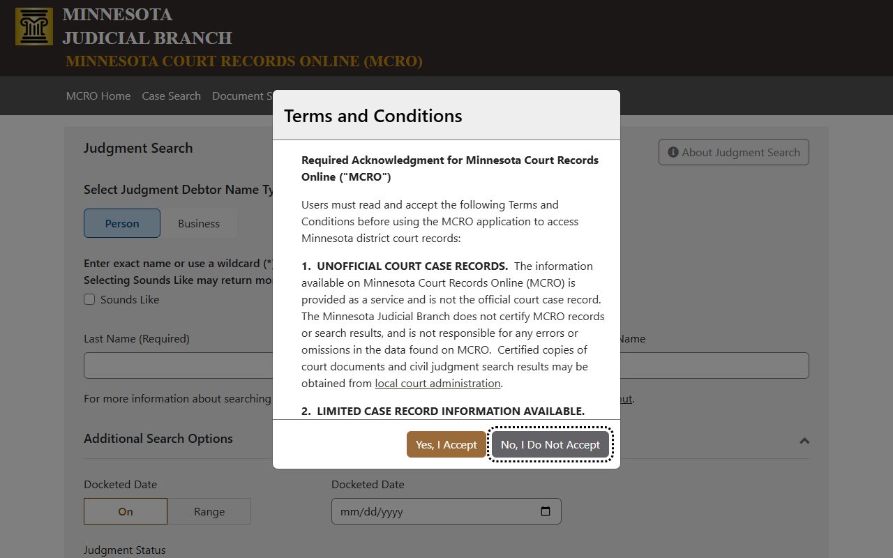 MCRO Judgment Search for docketed money judgments by debtor name