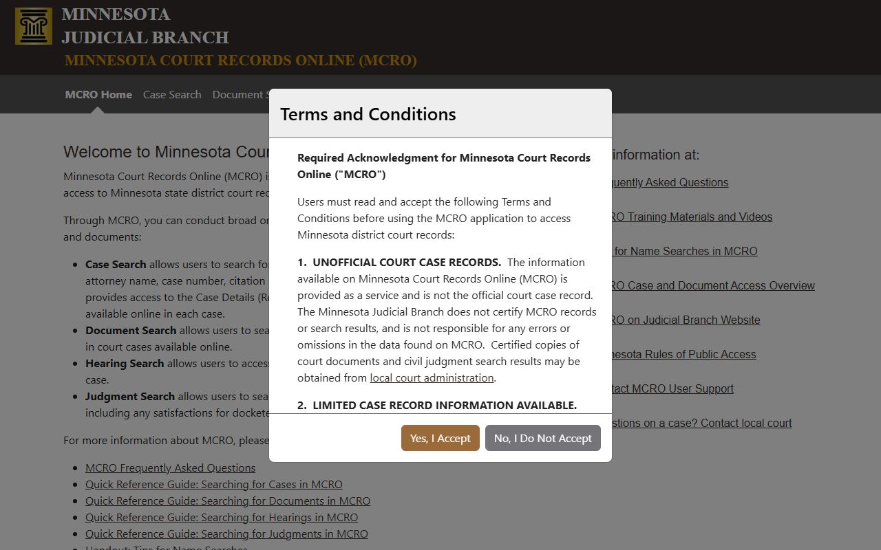 Minnesota Court Records Online public access portal for District Court case records