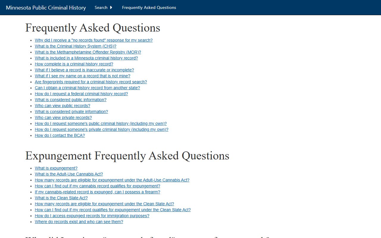 BCA criminal history FAQ explaining public and private criminal history records