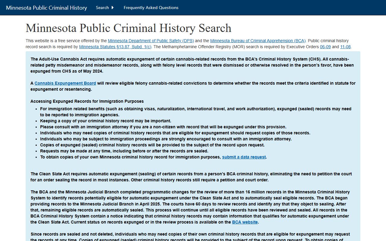 Minnesota BCA Public Criminal History Search for conviction records
