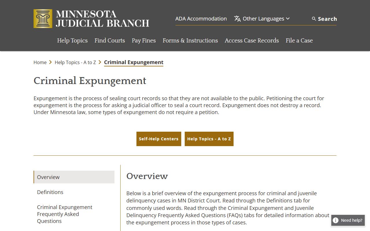 Minnesota Judicial Branch criminal expungement help topic