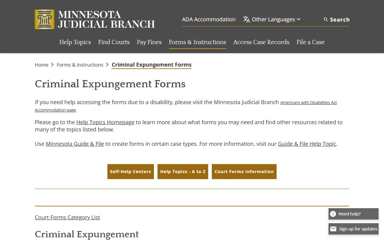 Minnesota Judicial Branch criminal expungement forms page