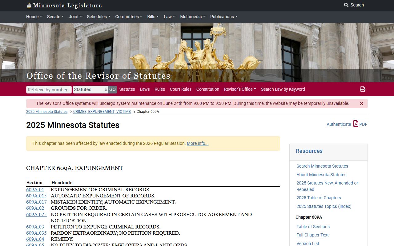 Minnesota Statutes Chapter 609A expungement law
