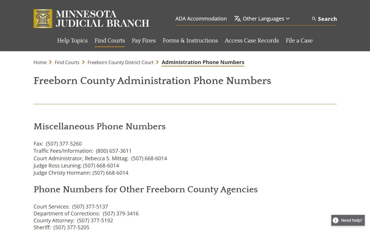 Freeborn County court contact list