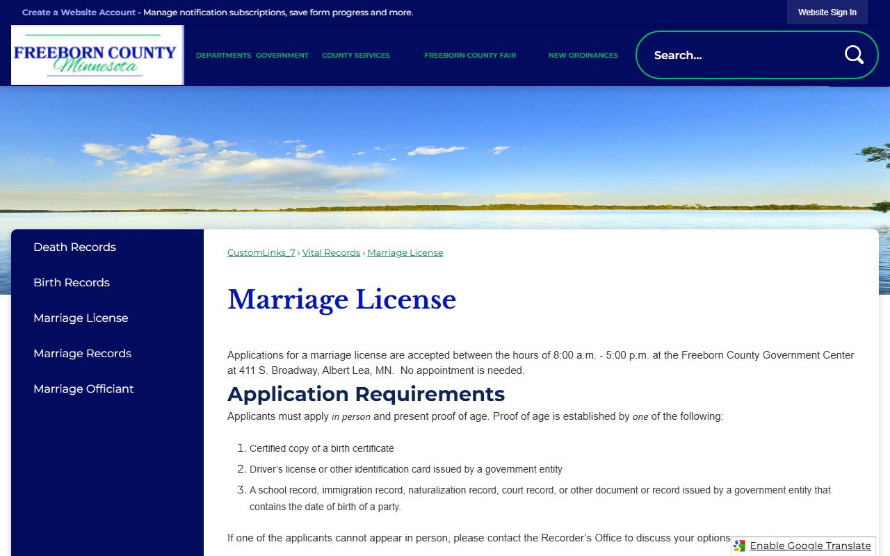 Freeborn County marriage and divorce records marriage license page