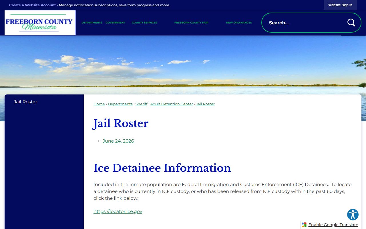 Freeborn County inmate records jail roster landing page