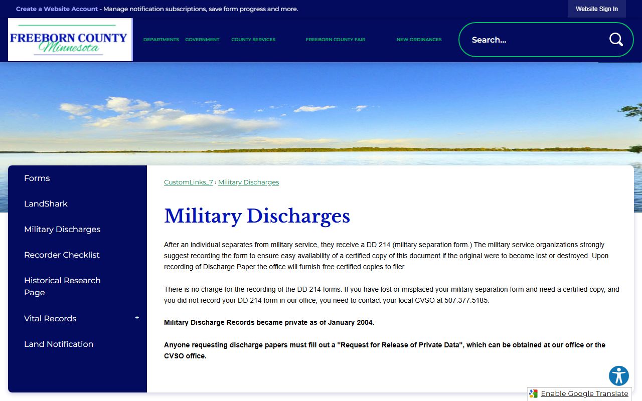 Freeborn County marriage records and Recorder military discharge page