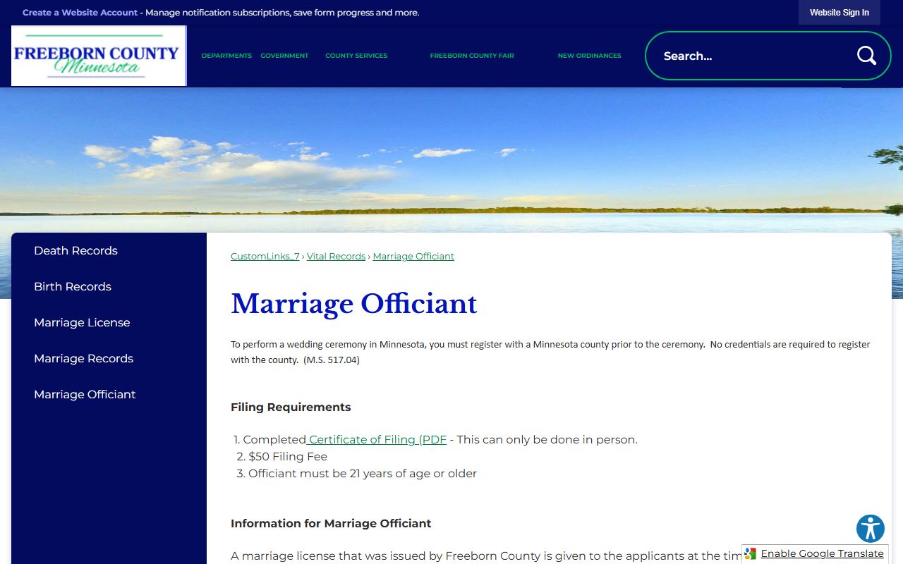 Freeborn County marriage records officiant information