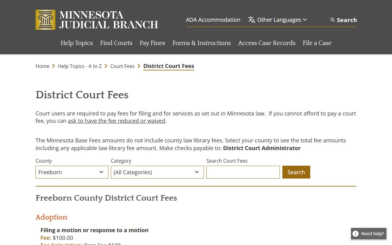 Freeborn County probate records District Court fee schedule