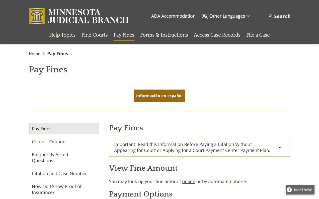 Minnesota Judicial Branch Pay a Fine page