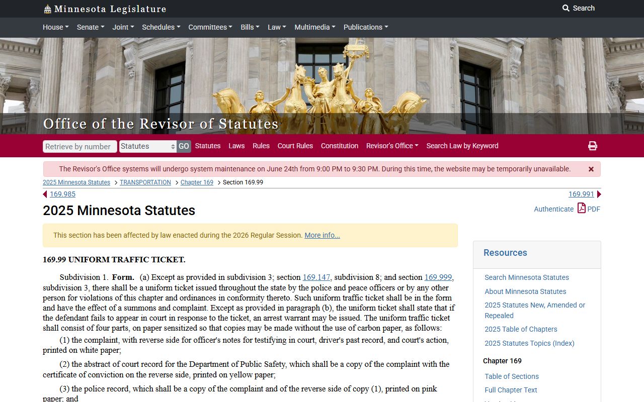 Minnesota uniform traffic citation statute page