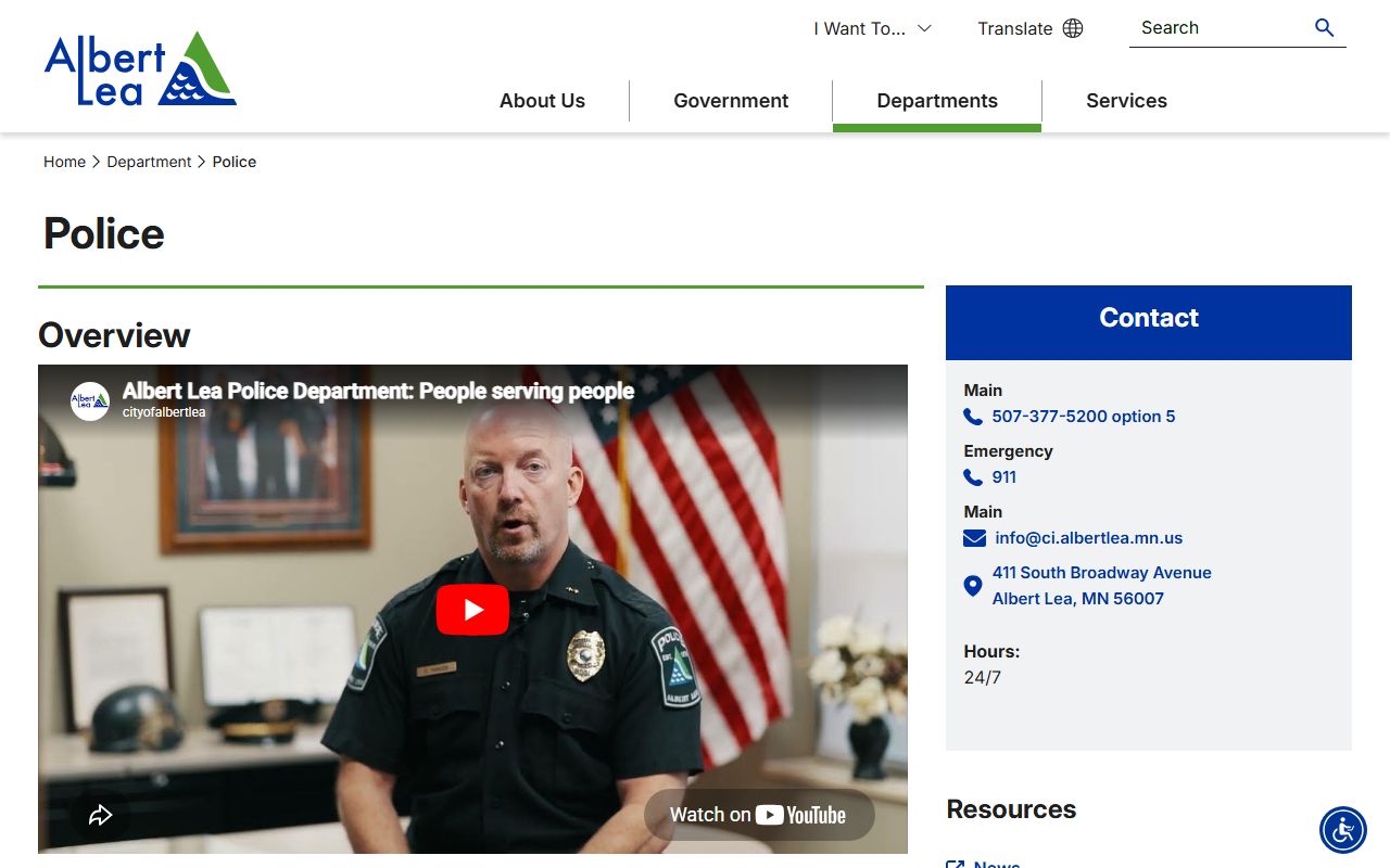 Albert Lea Police Department page for local law enforcement context