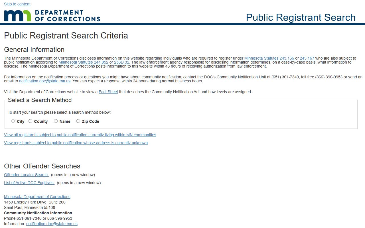 Minnesota DOC public registrant search by name city county or ZIP